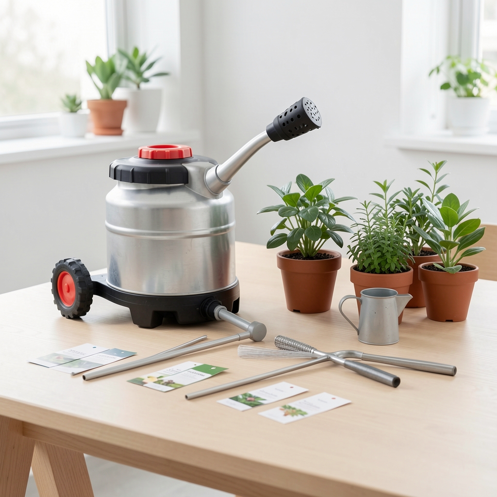 Pulverizador, regadera pequeña, palita y etiquetas de plantas ordenados sobre una mesa de madera clara