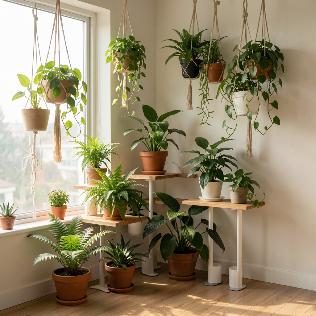 Rincón con plantas en distintos niveles usando soportes bajos y colgantes junto a ventana luminosa
