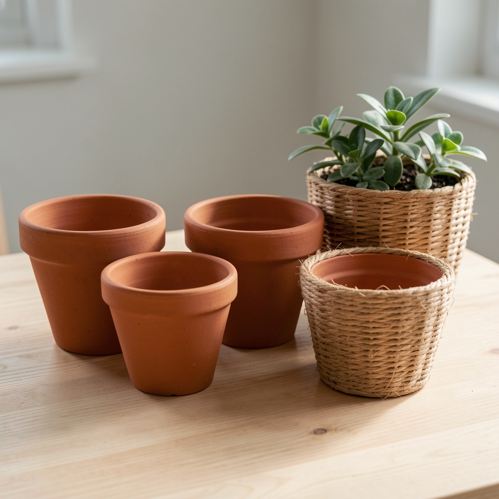 Muestras de macetas de cerámica, terracota y fibra natural agrupadas sobre mesa de madera clara