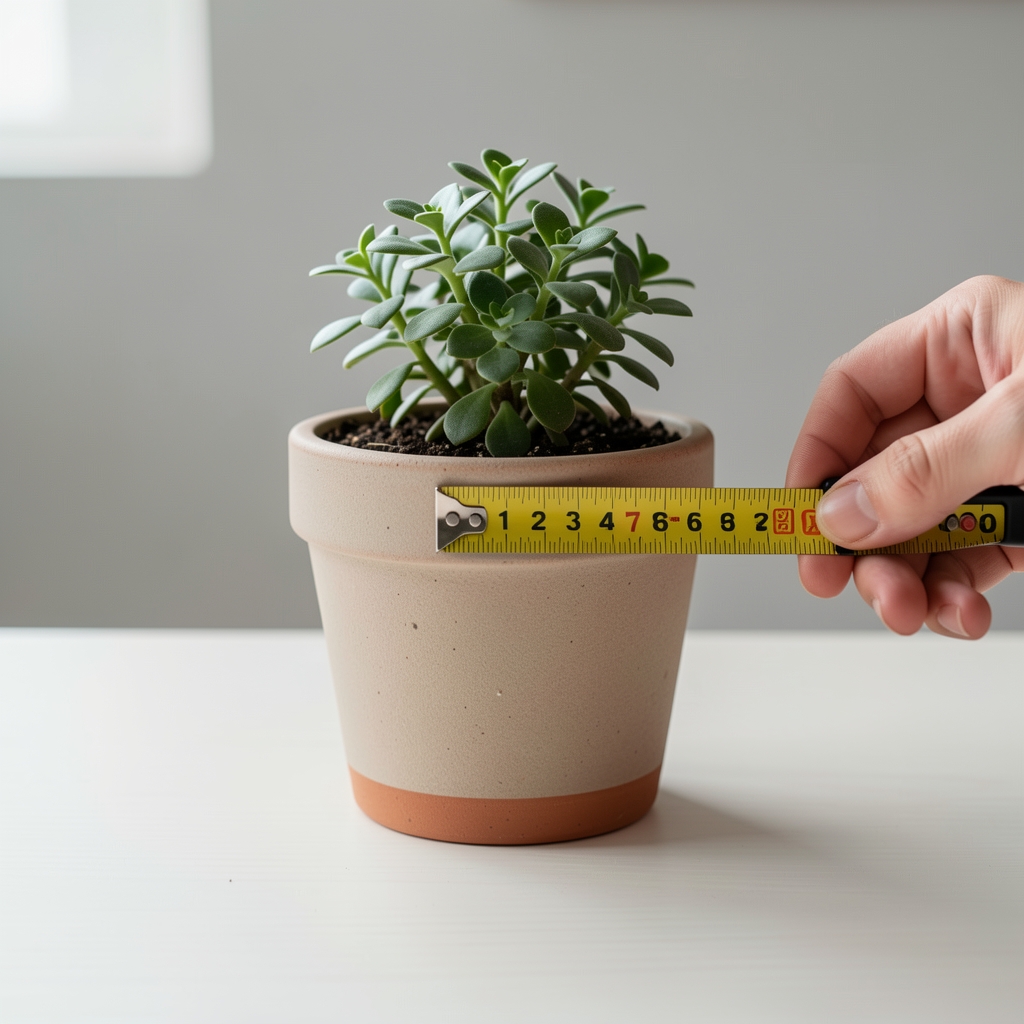 Cinta métrica midiendo el diámetro de una maceta de cerámica con planta pequeña sobre mesa clara