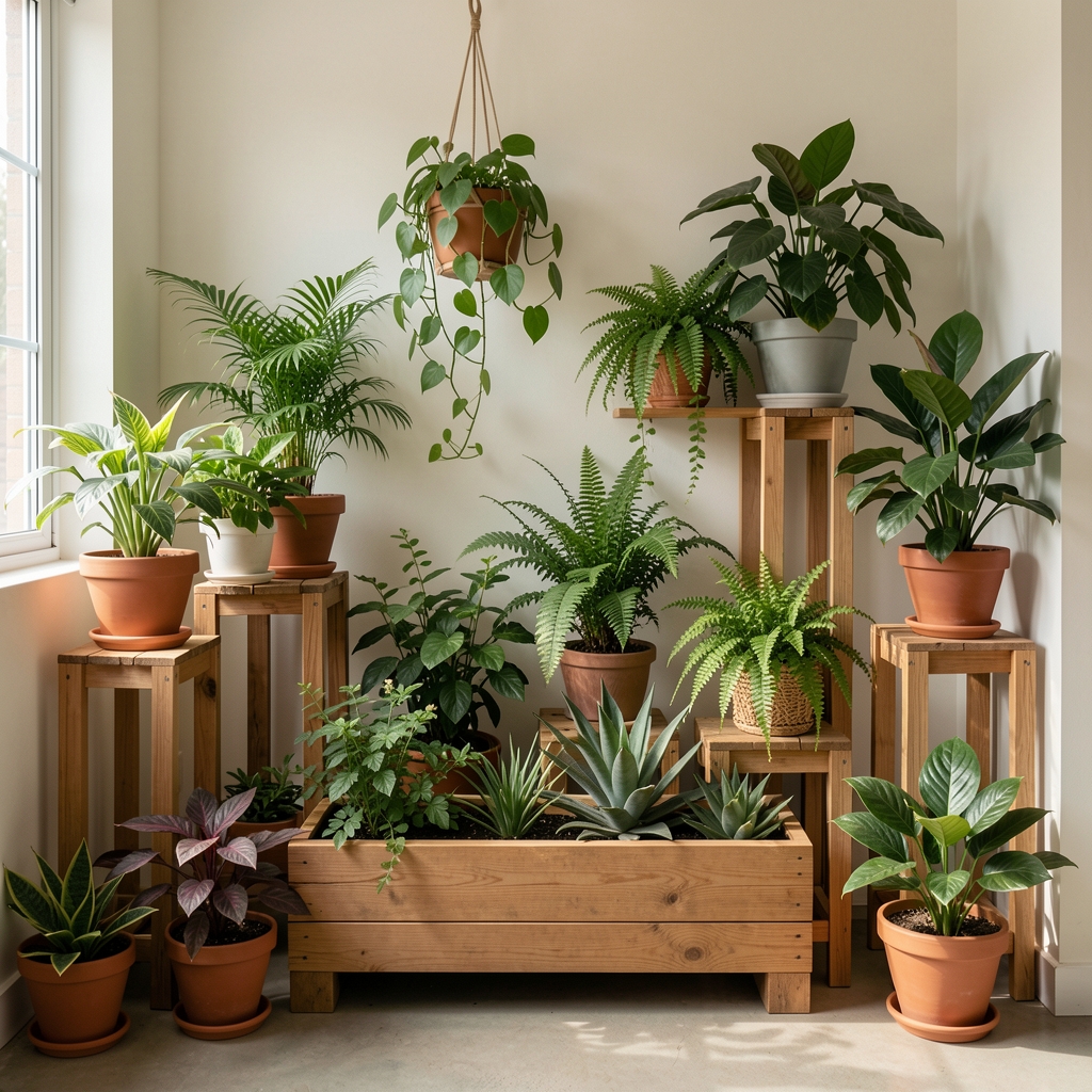 Rincón interior con varias plantas organizadas sobre soportes de madera y una jardinera baja