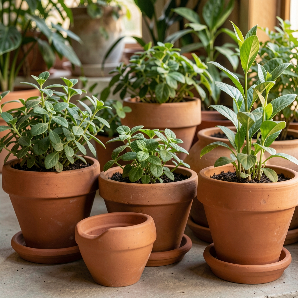 Colección de macetas de cerámica y terracota de distintos tamaños junto a plantas verdes