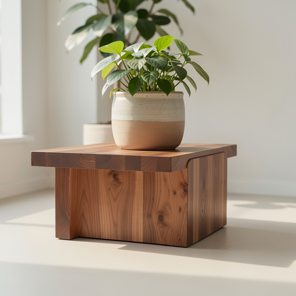 Banco bajo de madera maciza con maceta de cerámica sobre piso claro y luz natural
