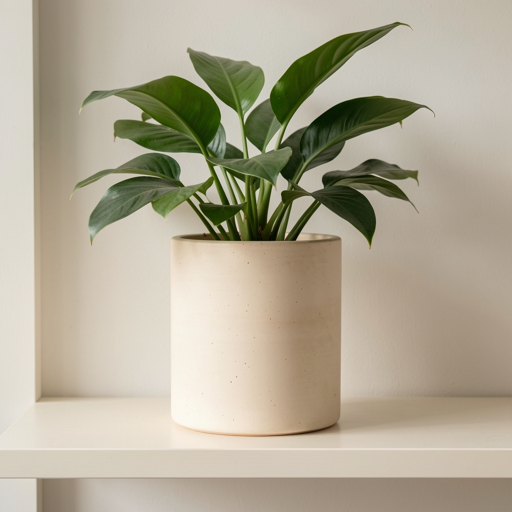 Maceta cilíndrica de cerámica color hueso con planta tropical sobre estante claro