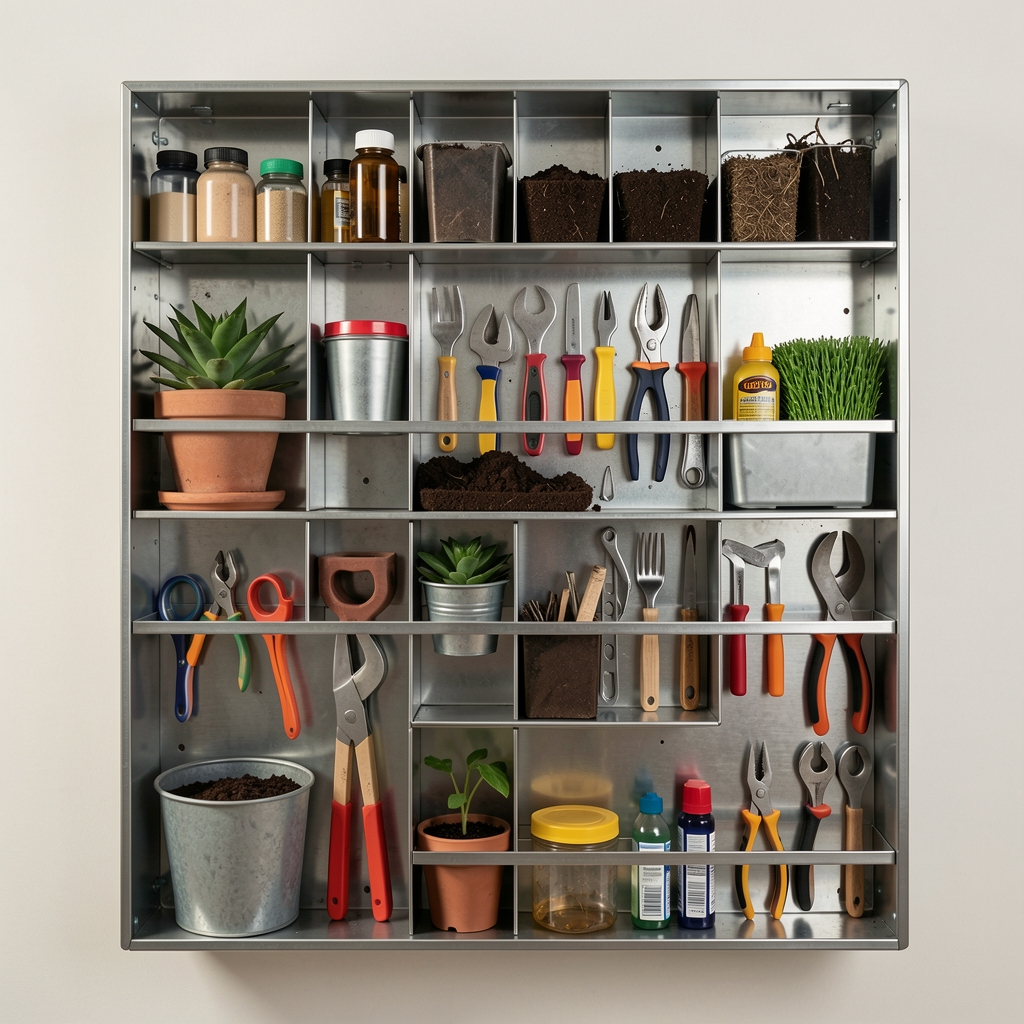 Organizador de pared metálico con compartimentos y herramientas de trasplante ordenadas