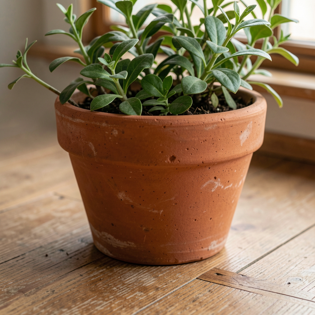 Maceta de terracota sin esmaltar con textura natural junto a plantas verdes sobre piso de madera