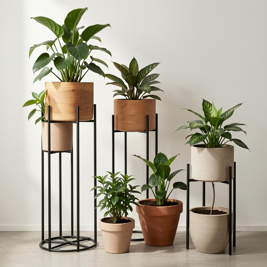Tres soportes para plantas de madera y metal en diferentes alturas junto a macetas neutras