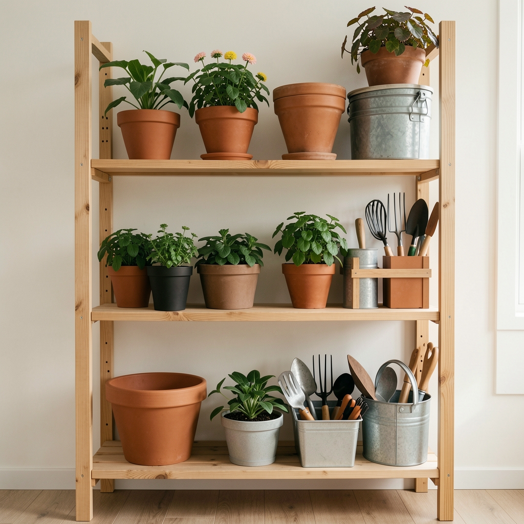 Estantería ordenada con macetas, jardineras y herramientas de jardinería sin personas ni reflejos